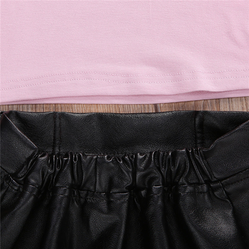 2020 New Kids Baby Girls Long Sleeve Tops + Short Leather Skirt Simple Solid Color Style Fold Decoration Spring ClothingX1019