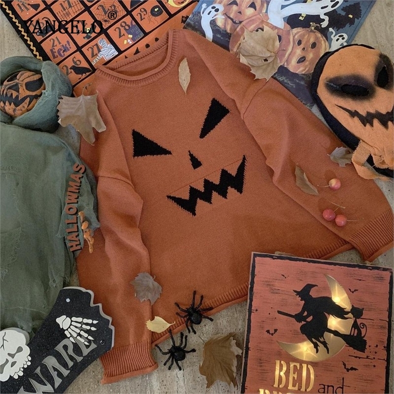 Yangelo Halloween Party Sweaters Women Pullovers Pumpkin Grimace Sweaters Women Sweet Style Women Sweaters Gothic Girl Harajuku 201017