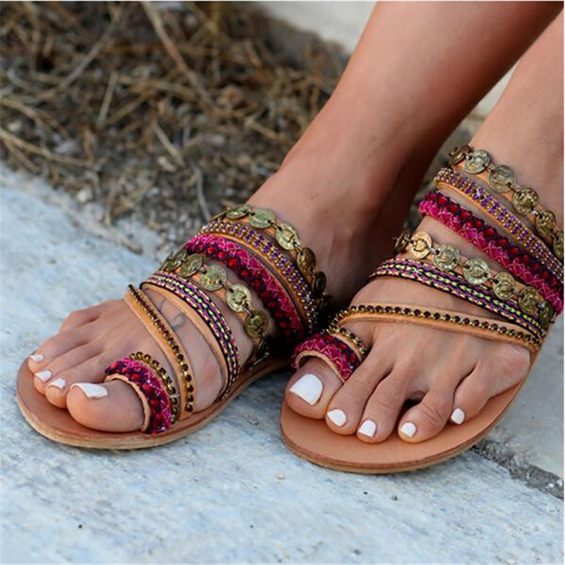 NAN JIU MOUNTAIN Shoes Woman Handmade Bohemian Wind Flat Sandals Women's Shoes Plus Size 34-43