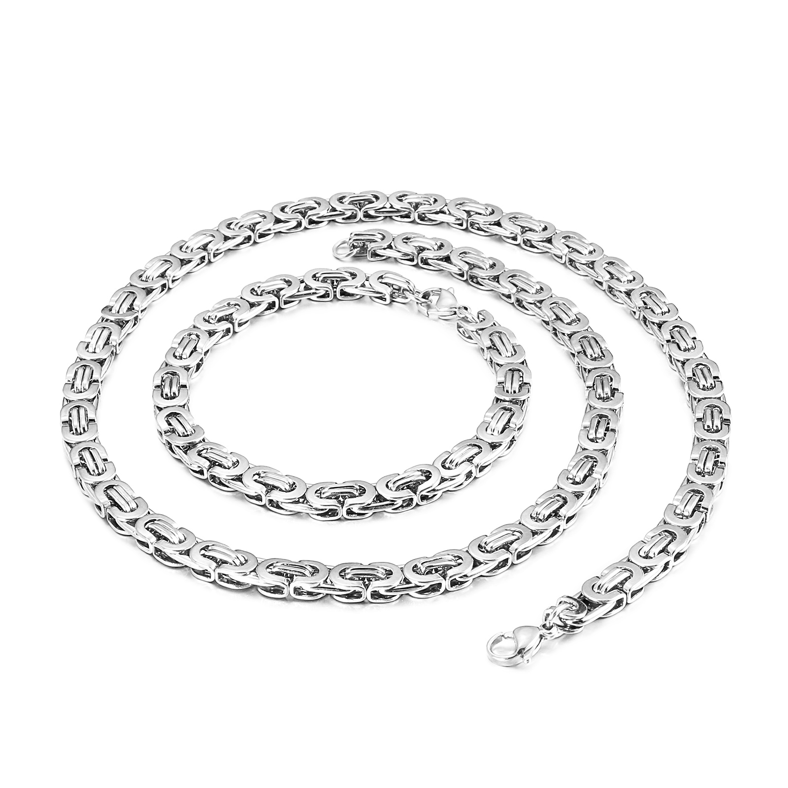 6mm wide 8''+ 20''Thin Silver/ Gold/ Black/ Silver+Black King Chain Stainless Steel Flat Byzantine Chain Necklace Bracelet Mens Wo