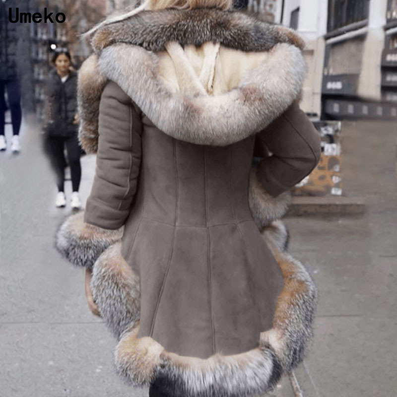 Umeko New Fox Fur Collar Sleeve Hooded Jacket Wild Long Winter Commute Skirt Type Women's Stylish and Elegant Coat Clothes New 201217