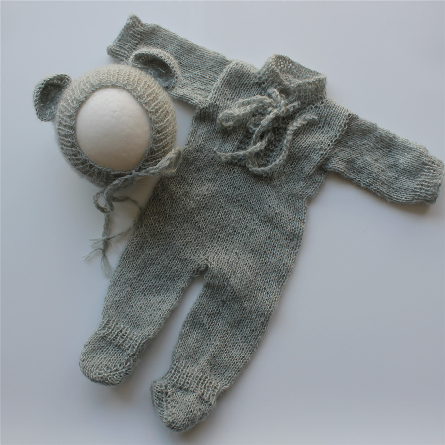 Newborn Photography Outfit Newborn Onesie and Bear Hat Newborn Footed Romper with Bear Bonnet Mohair Outfit Photo Prop C1018