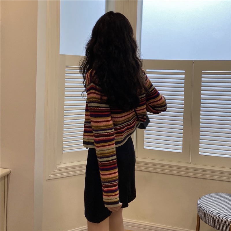 Ggarich Cardigan Women Autumn Outdoor Long-Sleeved Spring Autumn Short Slim V-neck Sweet Rainbow Striped Sweaters 201029