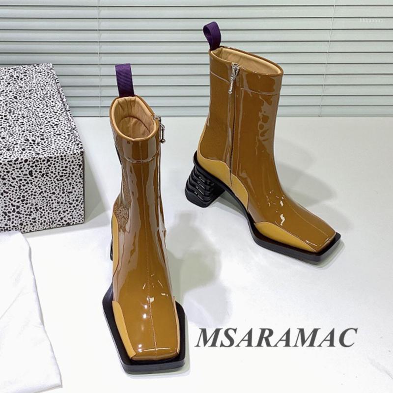 Fashion stitching color wave strange style heel short boots leather square toe high heel ankle boots retro ladies designer shoes1, Black gloss
Fashion stitching color wave strange style heel short boots leather square toe high heel ankle boots retro ladies designer shoes1, Black gloss