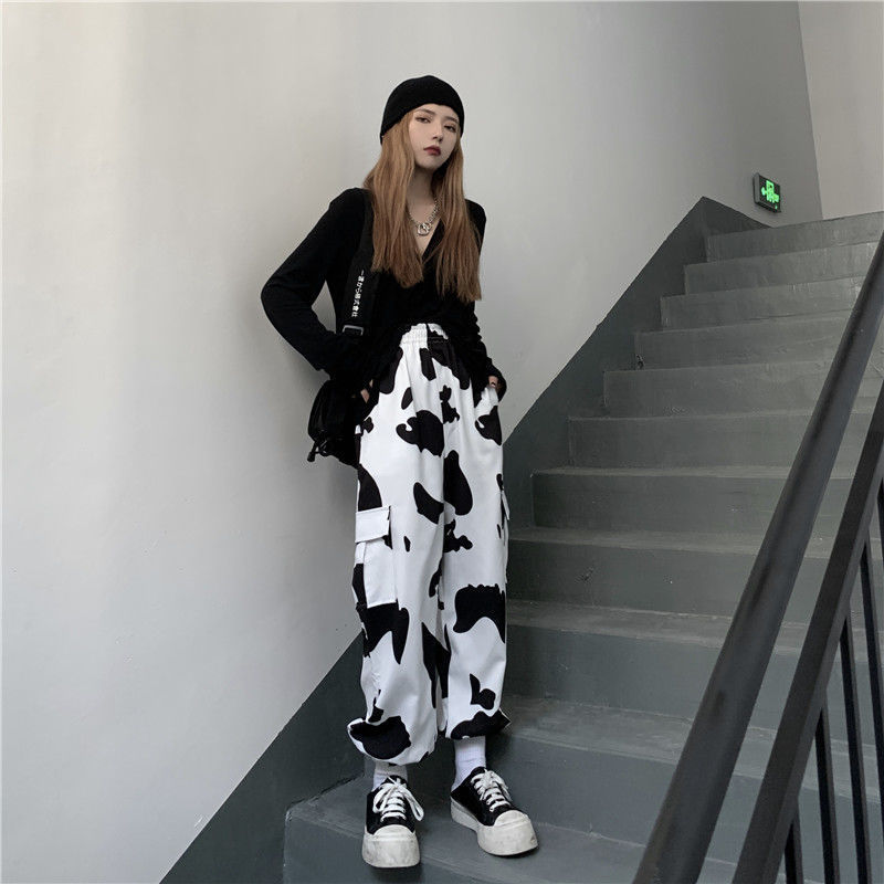 HOUZHOU Autumn Cow Print Pants Women Vintage Fashion Harajuku Palazzo Pants Loose Wide Leg Pants Straight Trousers Women Unisex 201106