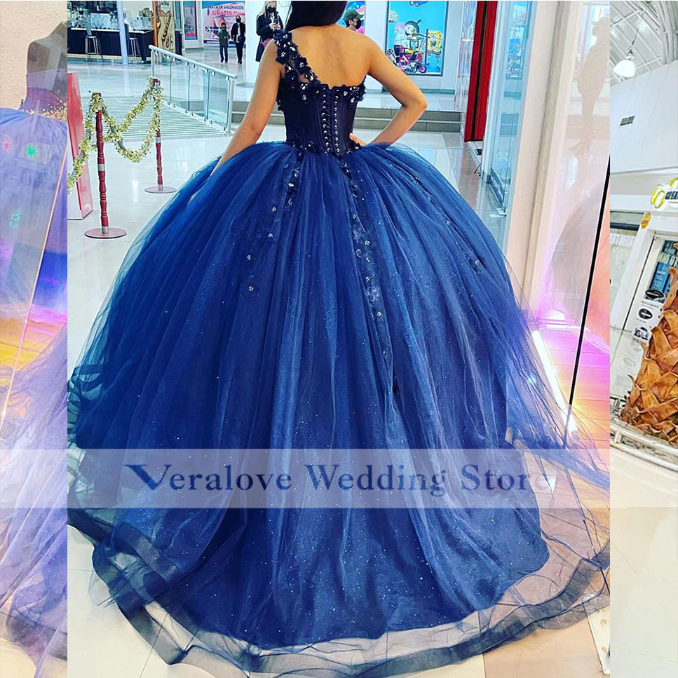 vestidos de xv 15 años Blue Quinceanera Dress One Shoulder Appliques Ball Gown Prom Sweet 16 Dress Custom