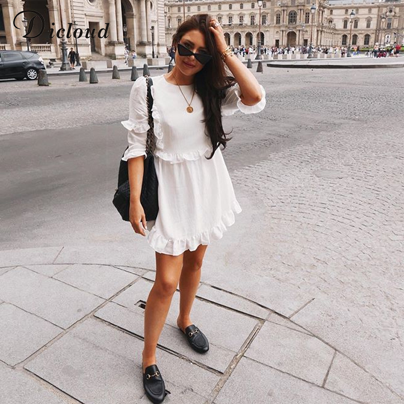 DICLOUD Casual Women White Mini Ruffle Summer Dress Women Short Sleeve Black Solid Loose Dress Beach Tunic Ladies Clothing T200319
