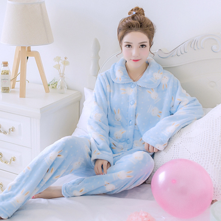 Casual Flannel 2PCS Sleep Set Pijamas Lady Pajamas Suit Sleepwear Homewear Coral Fleece Winter Warm Nightwear Home Clothing 210203