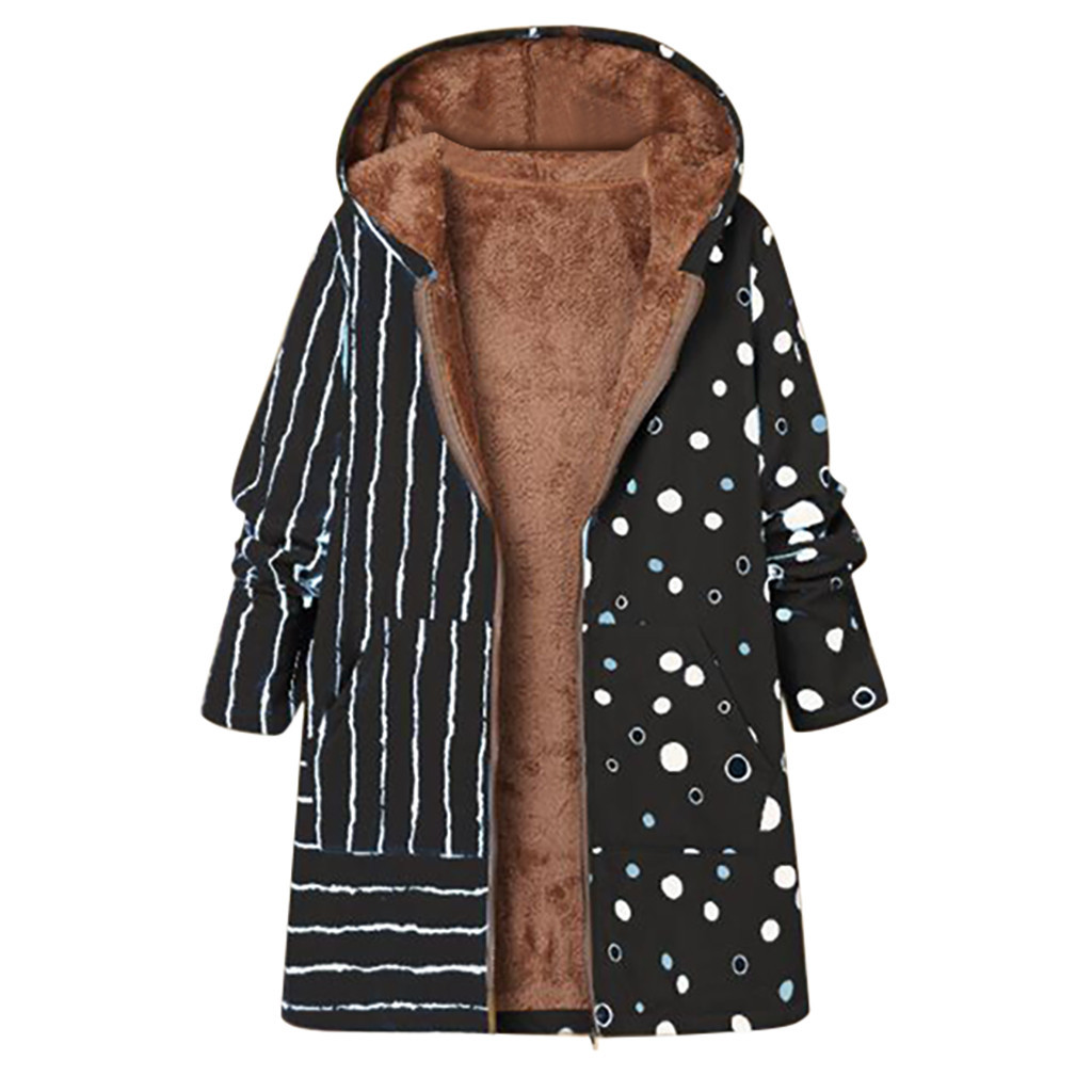 Womens Plus Size Print Coat Winter Warm Vintage Pockets Oversize Hooded Coats Female Casual Outwear Fleece Jacket For MOM#G1