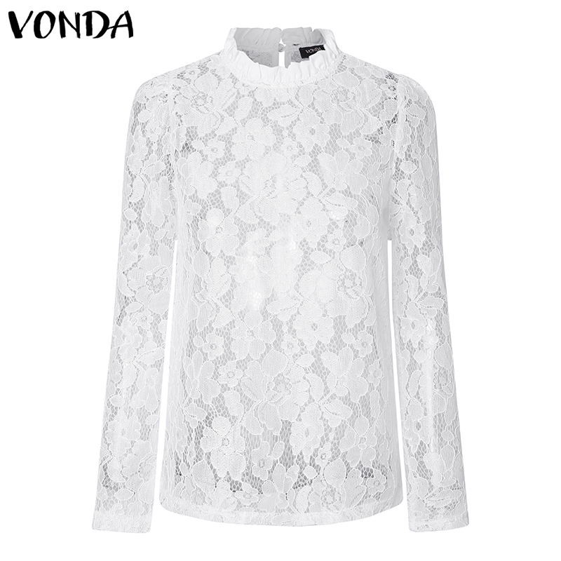 VONDA White Lace Blouse Women Shirt 2019 Spring Bohemian Sexy Long Sleeve O Neck Hollow Blouse OL Shirt Casual Tops Blusas S5XL T200321