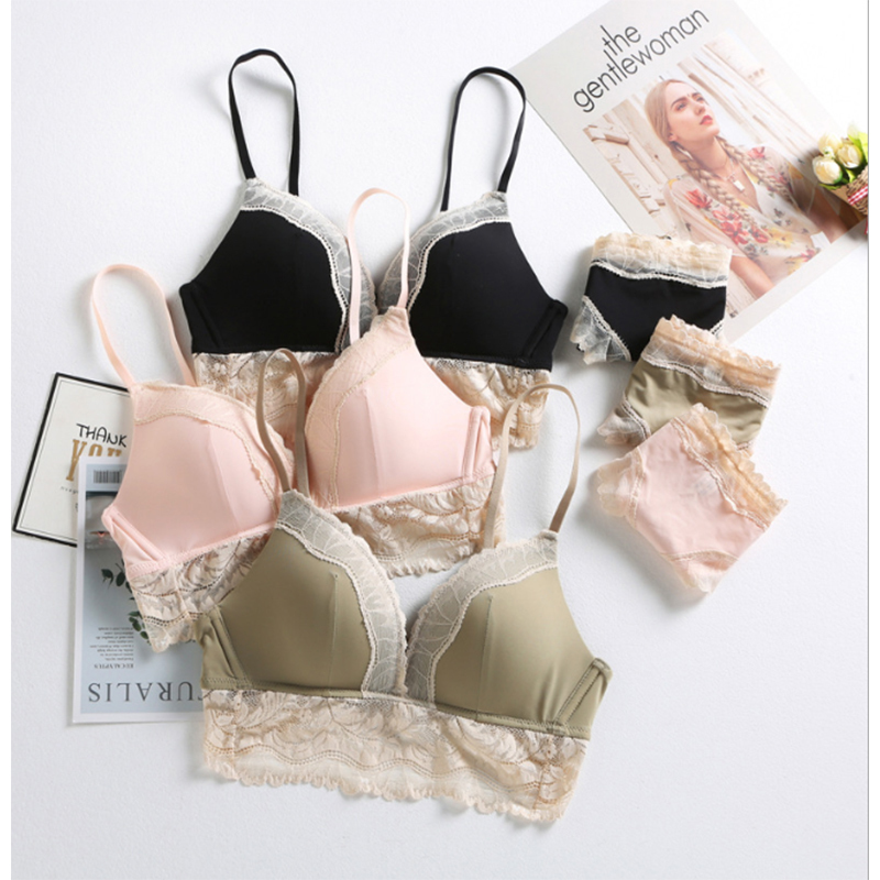Munllure Sexy underwear women's suit Teenage cotton cup without steel ring lace bra comfortable breathable empty bra set T200602