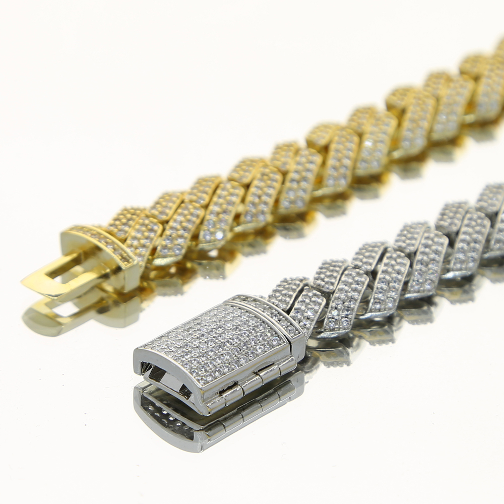 Wholesale Iced Out Men Hip Hop Bracelet 15mm Width Sparking Bling Two Row Cubic Zirconia Cuban Link Chain Hip Hop Men Boy Rock Bracelets