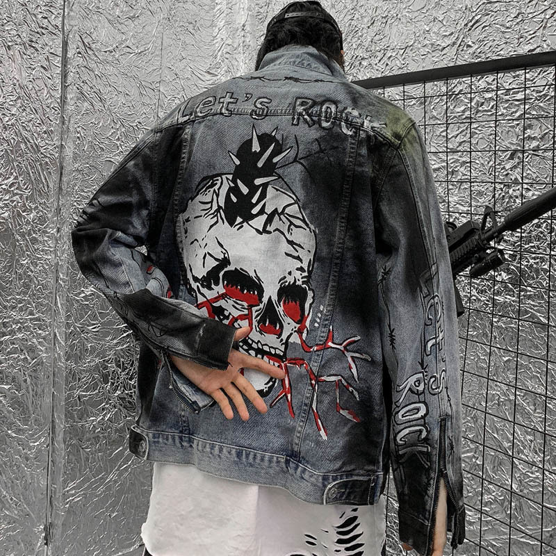 Men Denim Jackets Streetwear Skull Graffiti Blue Denim Jean Jacket Coat Hip Hop Harajuku Bomber Jacket Punk Rock Vintage 201127