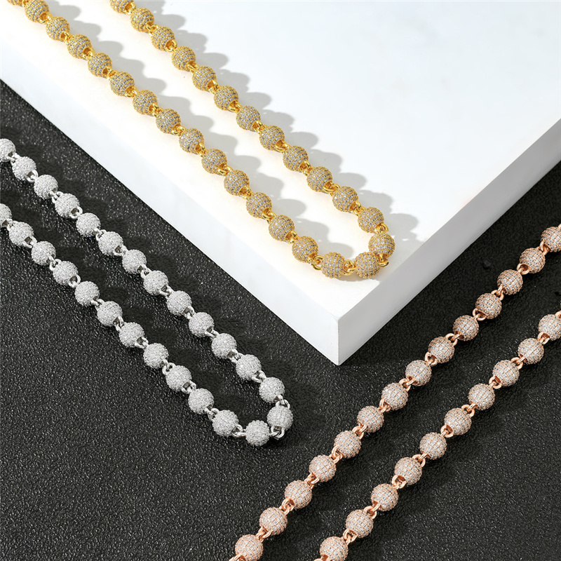 Mens Street Hip Hop 8mm 7-24inch Gold Sier Colors Bling CZ Round Beads Chain Necklace Bracelet Jewelry