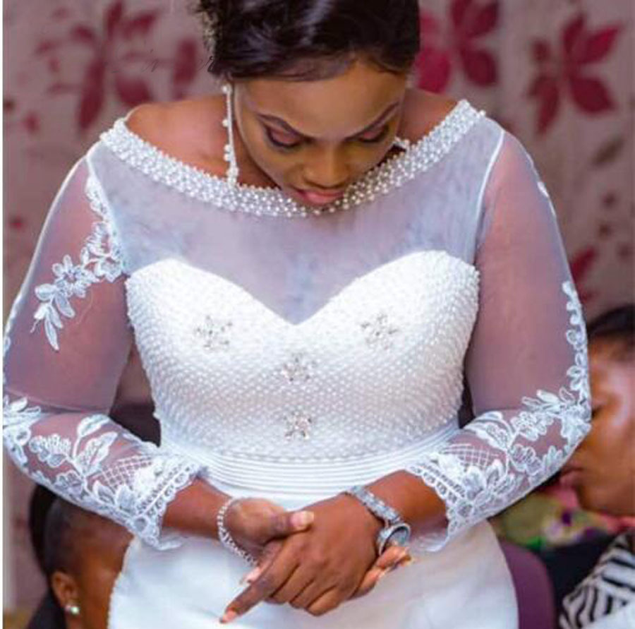 Gorgeous African Scoop Neck Mermaid Wedding Dresses Pearls Beading Long Sleeve Ivory Tulle Bridal Gowns SweepTrain Plus Size Bride Wedding Dress Custo