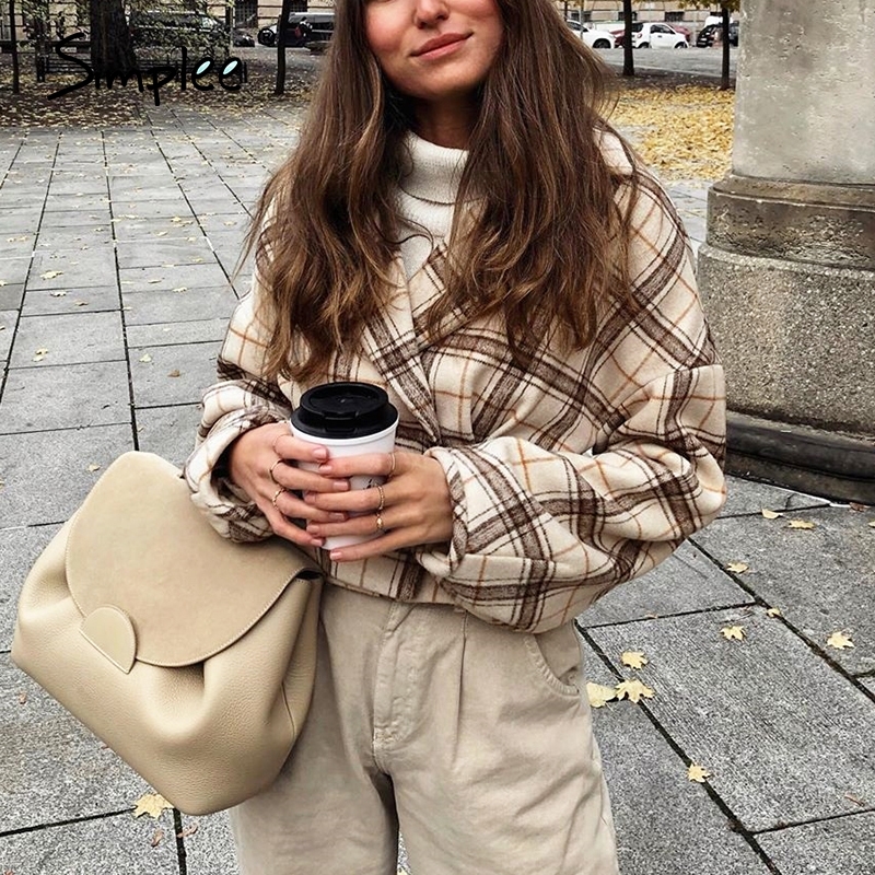 Simplee Women Fashion Plaid Artificial Woolen Coats Autumn Winter Female High Street Belt Short Jackets and Coats Ladies 201030