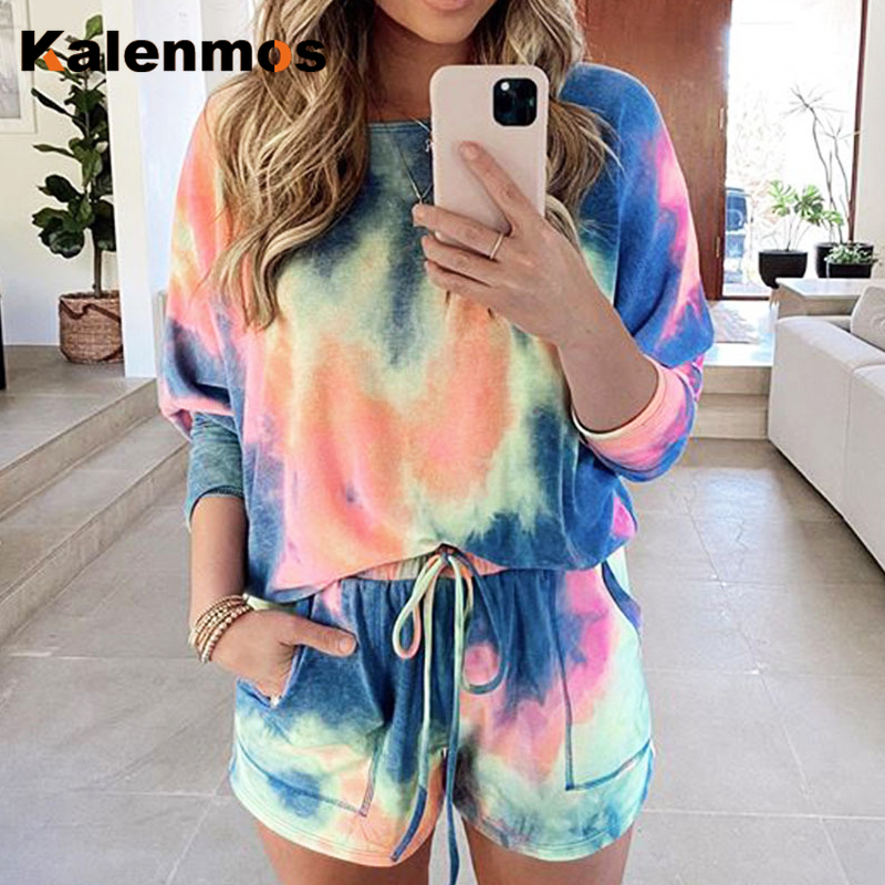 KALENMOS 2 Piece Sets Women Tie Dye Gradient Homewear Casual Tshirt Biker Shorts Sports Tracksuits Sleepwear Pajamas Lounge Wear 201104