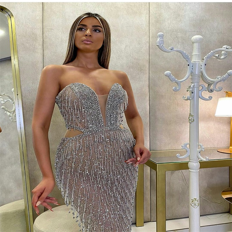 Glitter Sliver Prom Dresses Sweetheart Sequins Beads Tassel Evening Dress Custom Made Sweep Train Bling Sleeveless Mermaid Party Dress