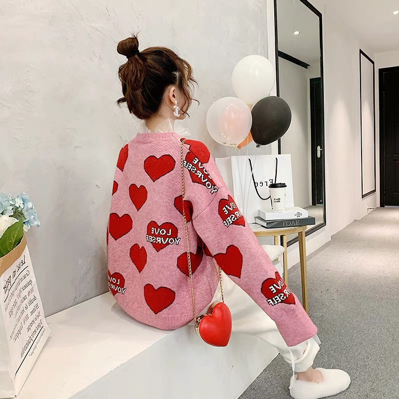 H.SA Women Oversized Sweater and Pullovers Oneck Sweet Heart Letters Printed Pull Jumpers Long SLeeve Pink Streetwear Knit Tops T200101