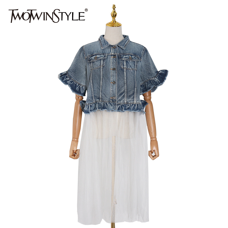 TWOTWINSTYLE Denim Patchwork Mesh Women's Jacket Lapel Collar Short Sleeve Ruffle Jacket Female Streetwear Spring Fashion 201023