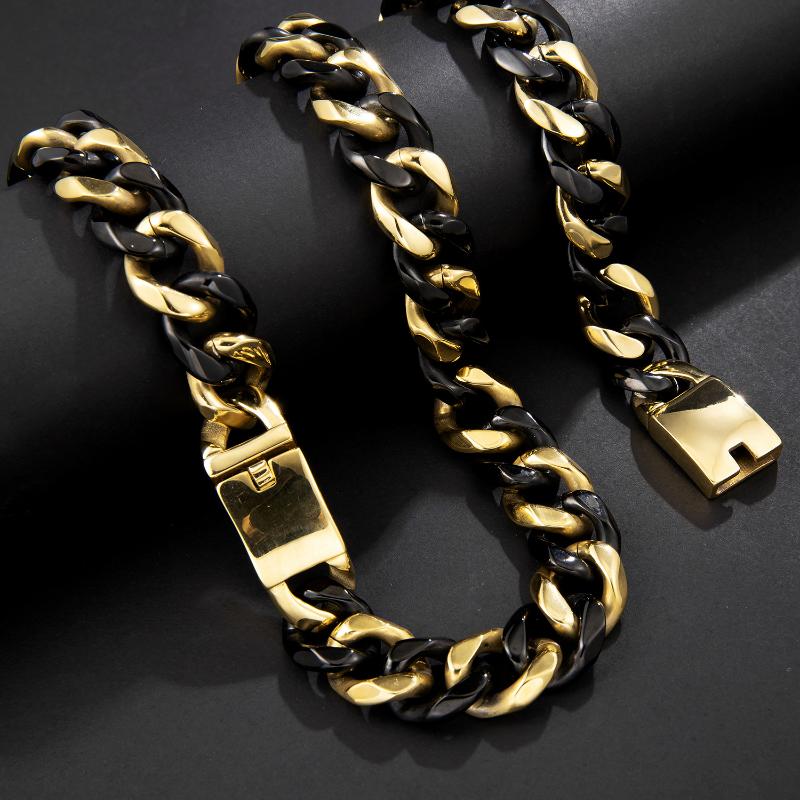 19mm Width 2 Tone Black Gold Color Stainless Steel Cuban Link Chain Necklace Heavy Solid Metal Hip Hop Jewelry 24inch No Fade
19mm Width 2 Tone Black Gold Color Stainless Steel Cuban Link Chain Necklace Heavy Solid Metal Hip Hop Jewelry 24inch No Fade
