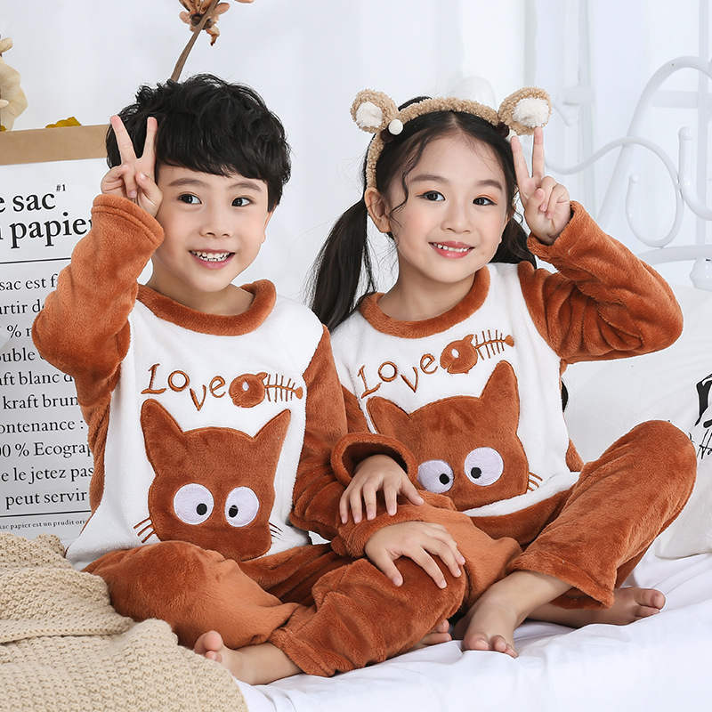 Children's flannel pajamas set boys and girls cartoon coral fleece head protector home service 201225