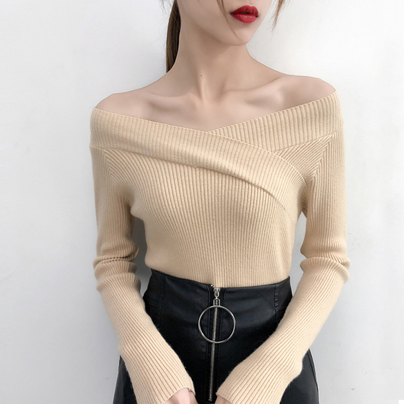 V Neck Twisted Back Sweater Women Jumpers Autumn Pullovers Casual Tops Long Sleeve Knitted Sweaters Off Shoulder pull femme 201221