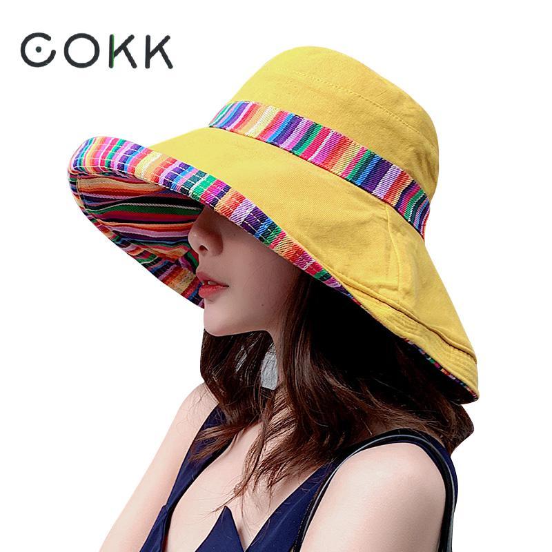COKK Women Summer Hat Floppy Fisherman Cap Double Sided Sun Hat Female Wide Large Brim Bohemia Sunhat Beach Hat Cap Vacation New 201027