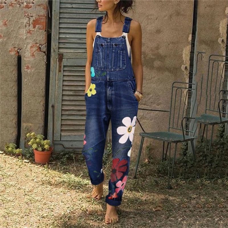 Female Playsuit Women Printed Jumpsuits Fashion Ladies Loose Casual Overalls Rompers Jeans Pants Bib Pants Knee-Length Overall T200303