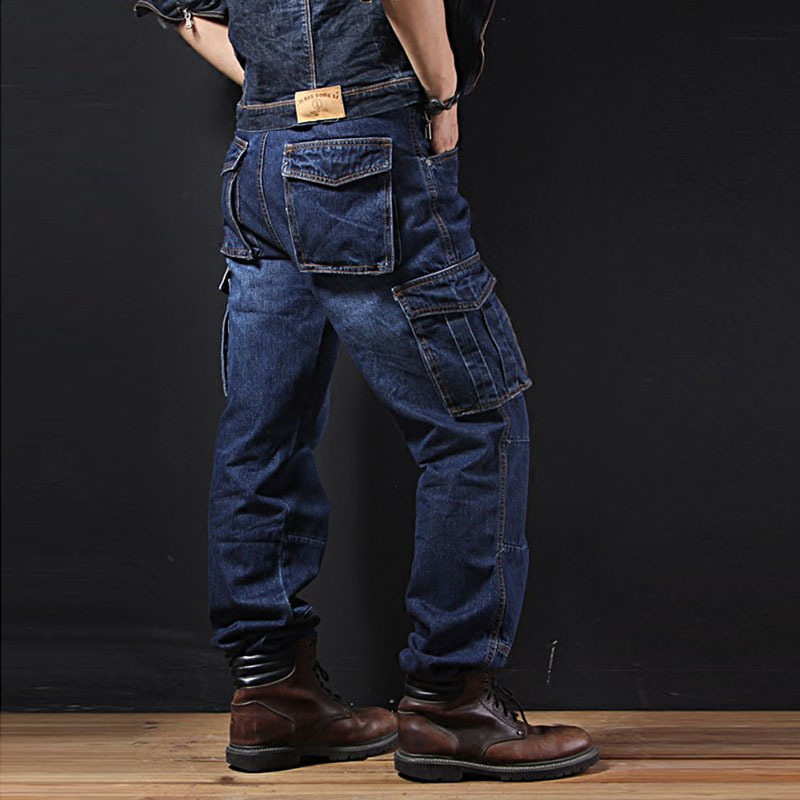 Idopy Men`s Casual Motorcycle Workwear Multi Pockets Denim Biker Cargo Jeans Pants For Male Plus Size 201223
