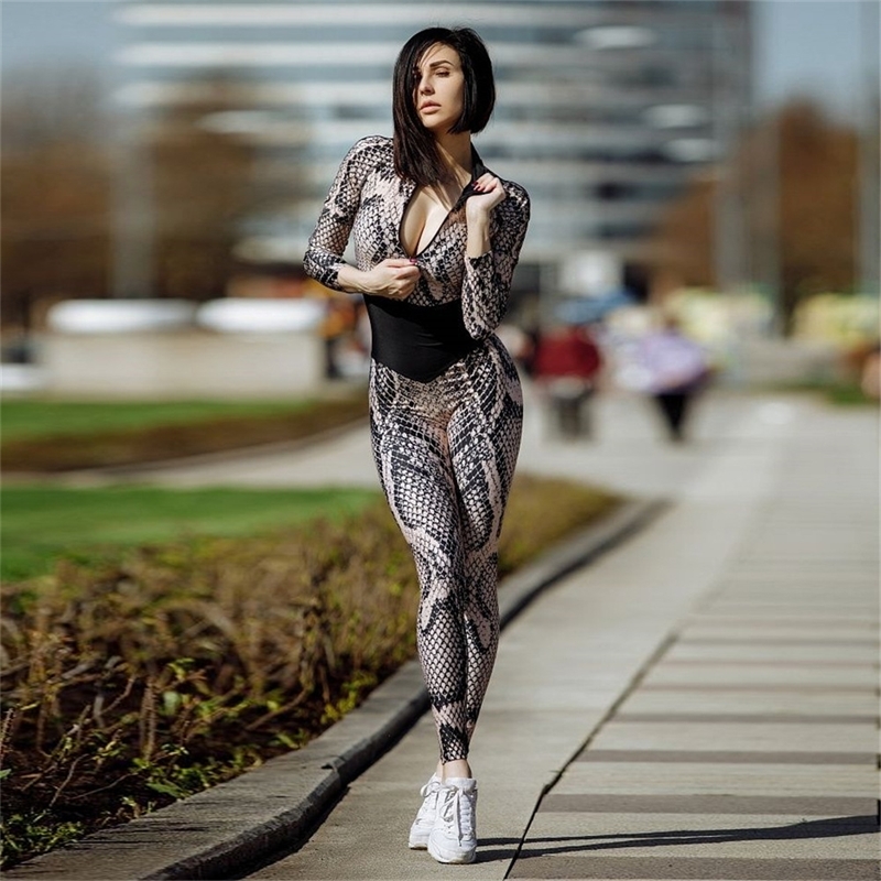 Street Fashion Patchwork Jumpsuit Women Sexy Snake Skin O Neck Long Sleeve Women Slim Tracksuit One Piece Ankle Length Pants T200509