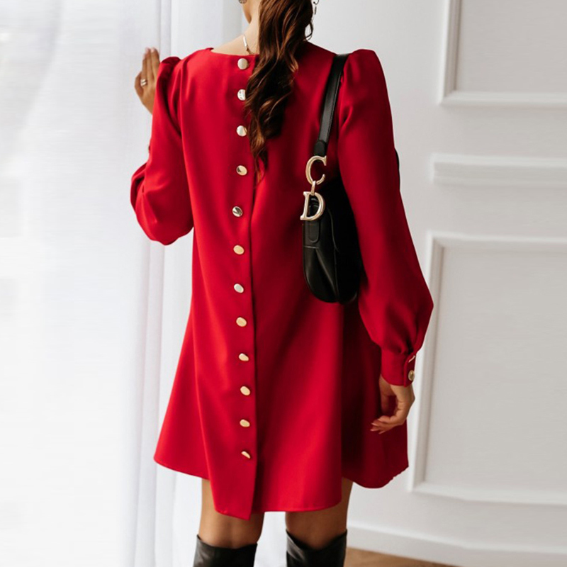 Elegant Women Metal Buttoned Mini Dress Casual Spring O Neck Party Dress Solid Autumn Female Long Sleeve A-Line Dresses Vestidos T200320