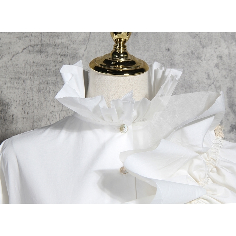 [EAM] Women White Ruffles Split Blouse New Stand Collar Long Sleeve Loose Fit Shirt Fashion Tide Spring Autumn 1N882 201126