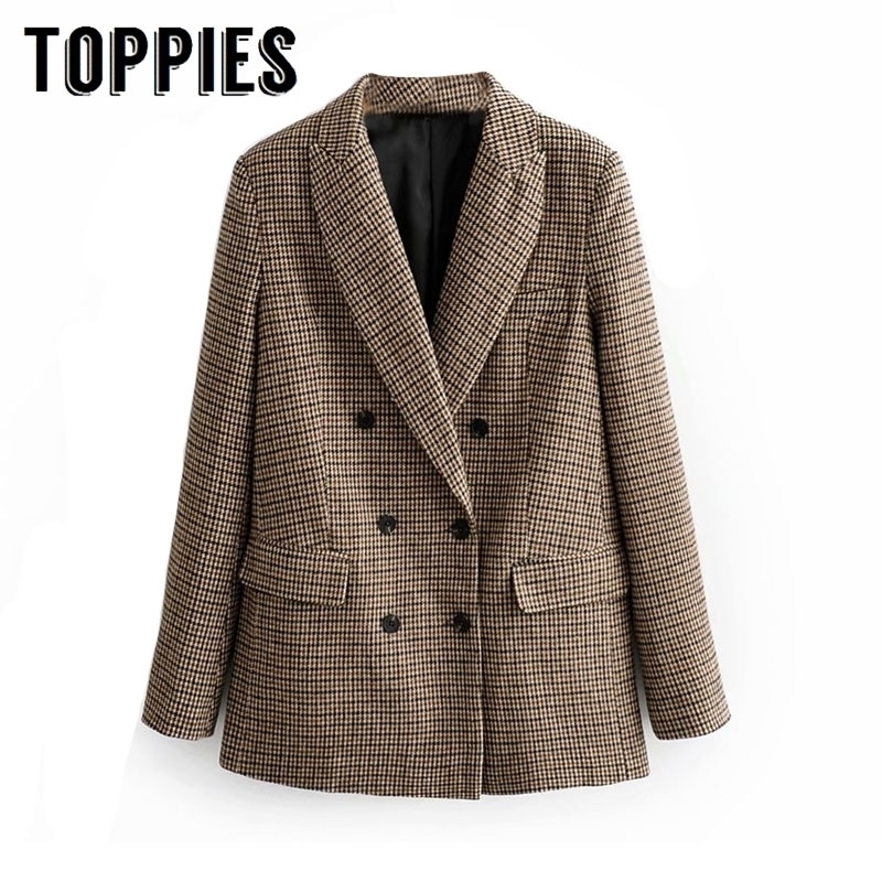 Winter Woolen Lattice Suit Jacket Ladies Office Blazer Double Breasted Loose Coat European Women Clothing 201030