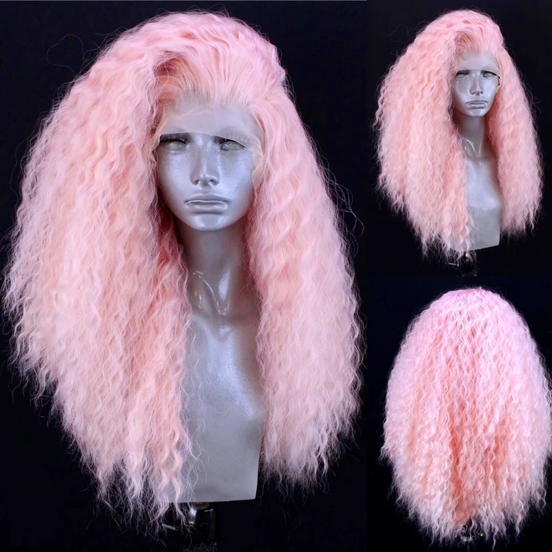Pink Color Long Curly Afro Wigs Synthetic Lace Front Wig High Temperature Heat Resistant Fiber Hair Lace Wigs For Women