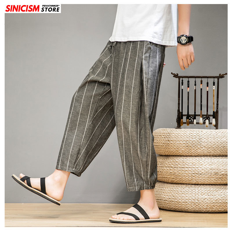 MrGoldenBowl Store Male Striped Cotton Linen Pants Men CalfLength Loose Harem Pants Mens Vintage Casual Trousers Clothing 201110