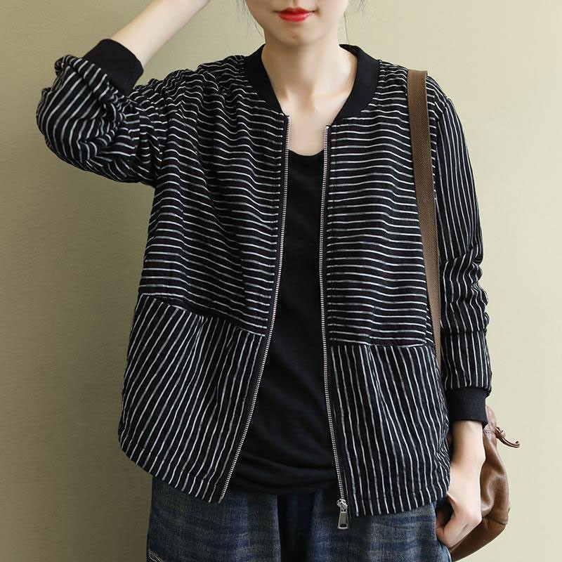 New Spring Autumn Korea Fashion Women Long Sleeve Casual Striped Short Coats Cotton Loose Zipper Jackets Big Size M494 201029