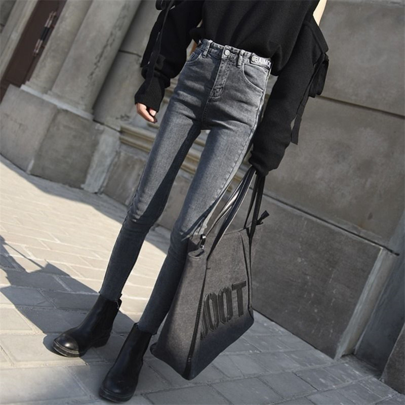 High Waist Ripped Skinny Pencil Jeans Women Plus Size Gray Mom Stretch jeans Ladies Denim Pants Fashion Letter Decoration mujer T200608