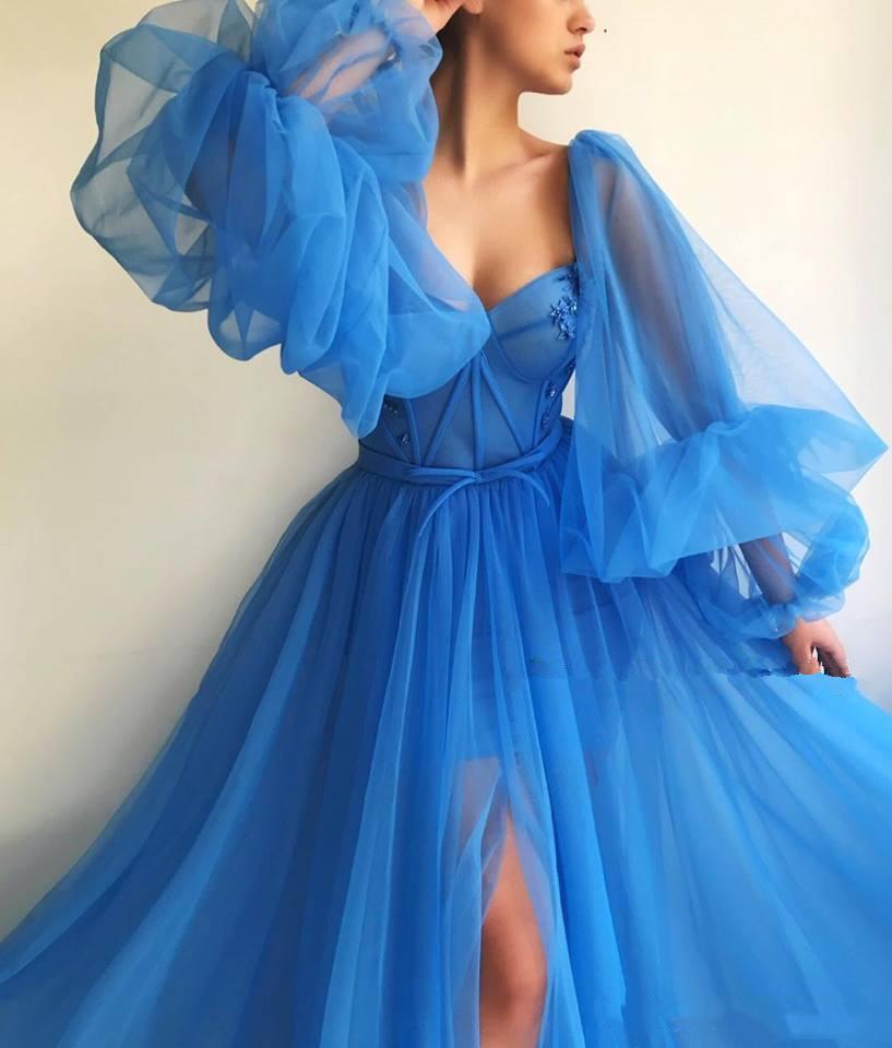 Blue Sexy A Line Prom Dress Sweetheart Long Sleeves Tulle High Side Split Long Formal Sexy Special Occasion Dresses Pleated Formal Evening Party Gowns