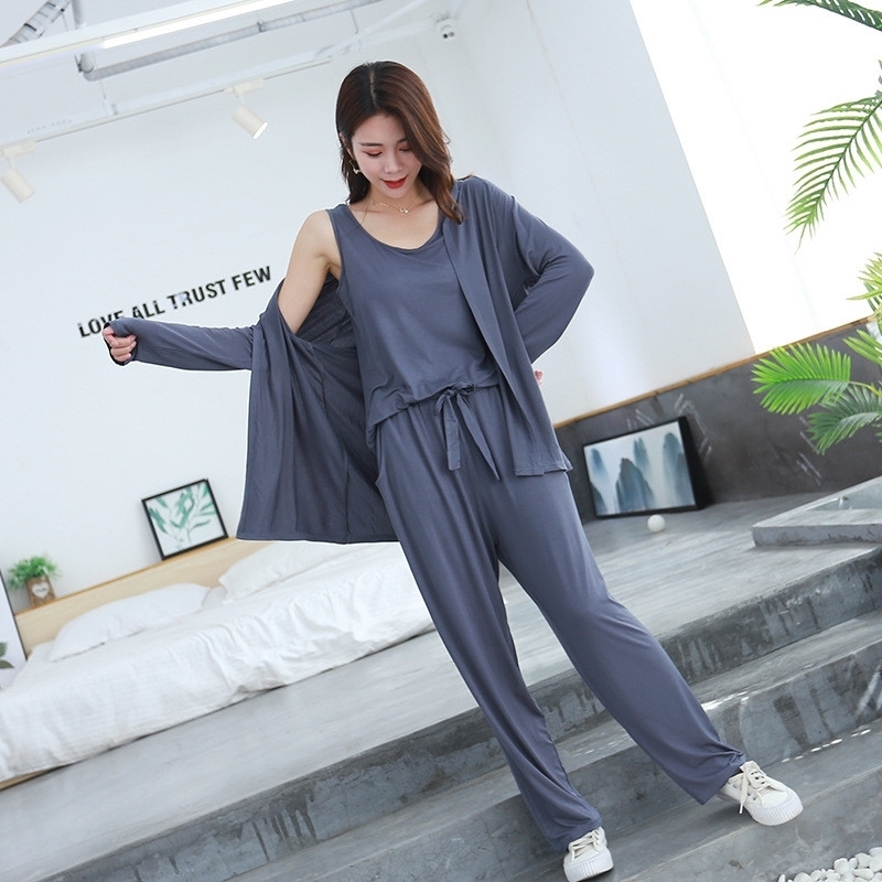 Autumn 3 Pieces Set Long Sleeve Modal Atoff Home Women's Loose Casual Pajamas Autumn Soft Home Cloth Plus Size Loose Sleepwear 201113