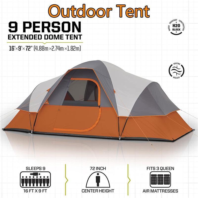 Extended Dome Tent Camping 9 Person Weatherproof Durable with Carry Bag 16' X 8' X 72"1
Extended Dome Tent Camping 9 Person Weatherproof Durable with Carry Bag 16' X 8' X 72"1