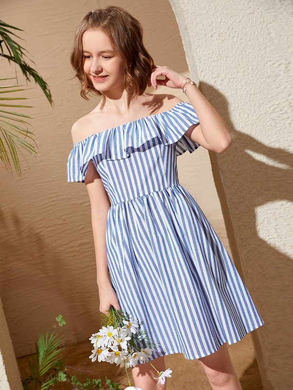 Teen Girls Ruffle Off Shoulder Striped Pattern Dress SHE