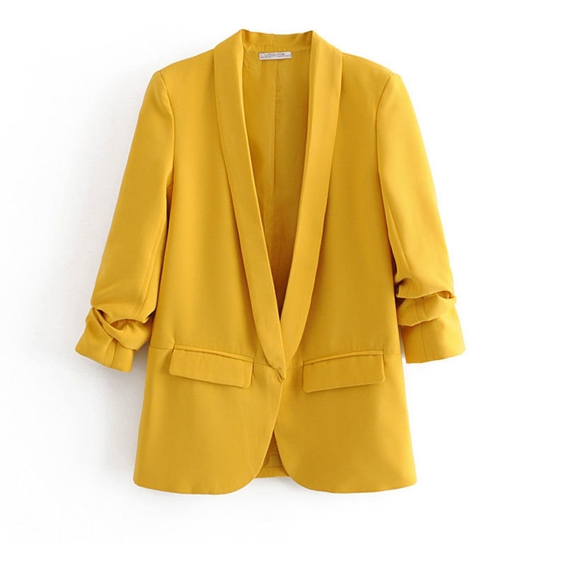 Bella Philosohy Spring Fashion Yellow Blazer Suit Women OL Puff Sleeve Workwear Blazer Three Quarter Ladies Outwears Pink Blue 201201