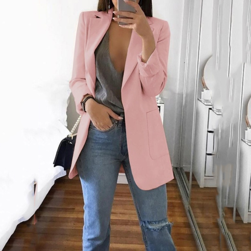 Women Long Sleeve Thin Coat Fashion OL Solid Color Jacket Office Ladies Slim Jackets Patchwork Open Stitch Black Red Blue T200319