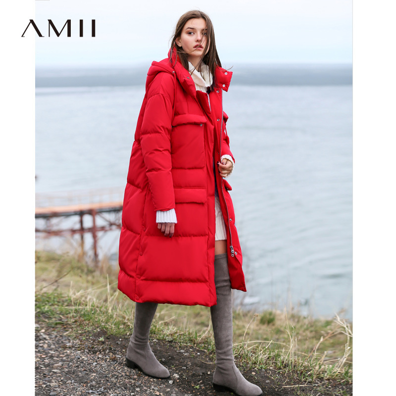 Amii Minimalist Women Long Down Jackets Winter Causal Soild Pockets Thick Warm White Duck Down Female Hooded Down Coat 11840275 201019