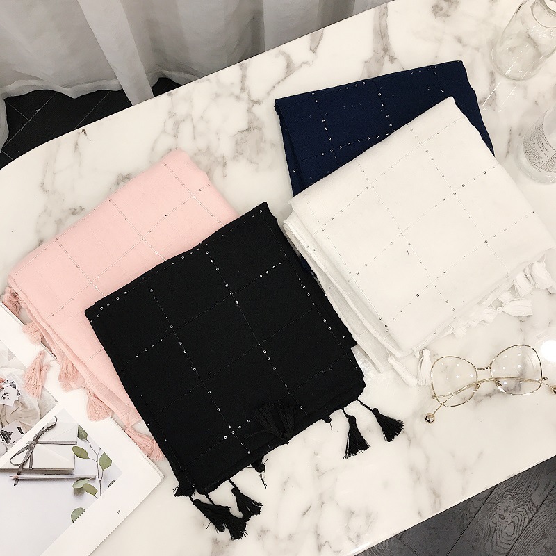Fashion Plain Navy Blue Sequin Plaid Tassel Viscose Shawl Scarf Autumn Warm Wrap Pashmina Sjaal Muslim Hijab Snood 180*90Cm Y201007