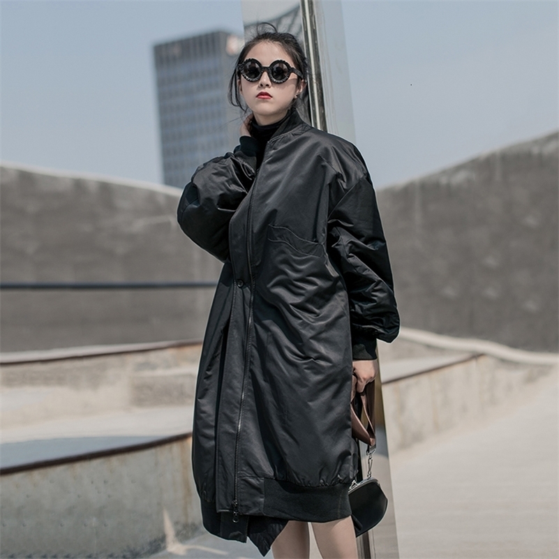 EAM Oblique Button Big Size Cottonpadded Coat Long Sleeve Loose Fit Women Parkas Fashion Spring Autumn 19Aa825 Y201001