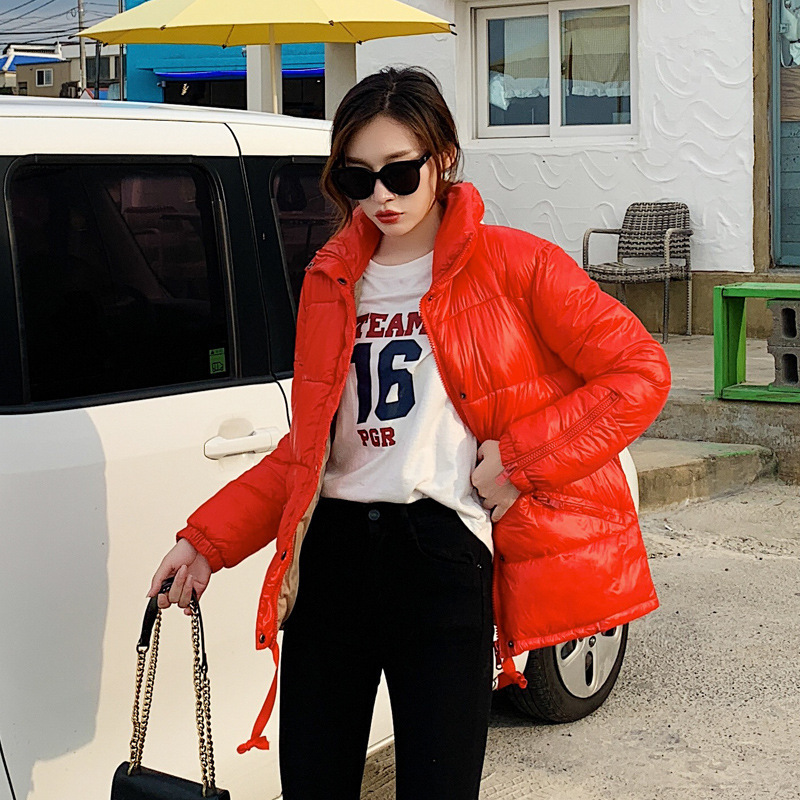 2020 Short Glossy Parka Autumn Winter Thick Short Jacket Women Fashion Solid Stand Collar Parka Coat Female Office Lady T200828
