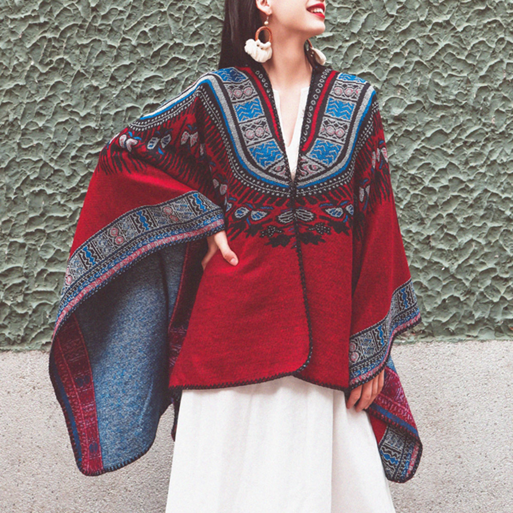 2021 Bohemia Folk Cape-custom Scarf Thickness Keep Warm Shawl Cover 8yjf, Red.