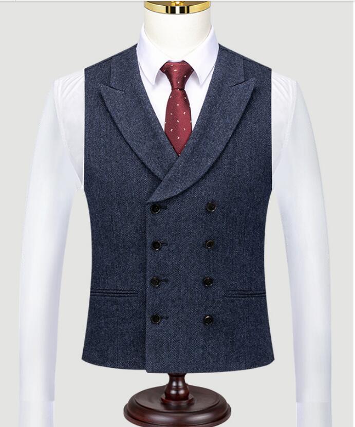 Double Breasted Groom Vests Wedding Brown Wool Herringbone Tweed Groomsmen Vests Men's Suit Party Prom Farm Country Waistcoat Navy Blue